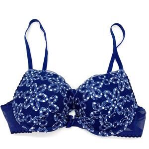 Aerie Womens 34B Lined Demi Bra Floral Embroidered Navy Padded Push Up Flirty‎